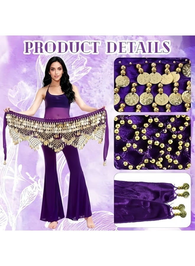 Hiras Belly Dance Hip Scarf with Gold Coins | Adjustable Waist Chain Belt for Women | Metal Coin & Bead Trim | Purple - Image 3